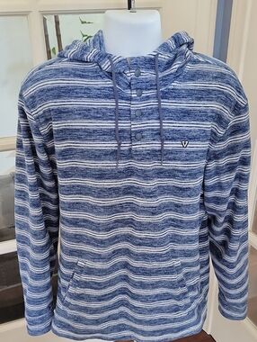 VISSLA Eco-Zy Hooded Popover Blue & White Striped Hooded Pullover | Size: XL